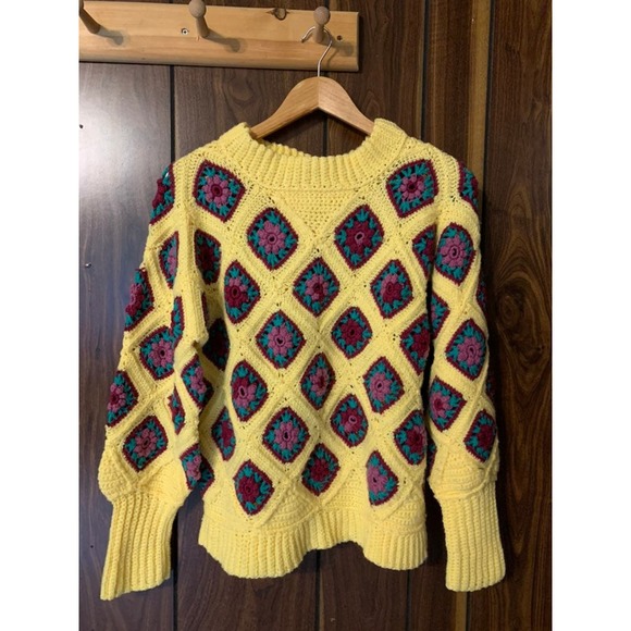 Vintage 70s handmade crochet yellow granny square blanket sweater size medium - Picture 2 of 11